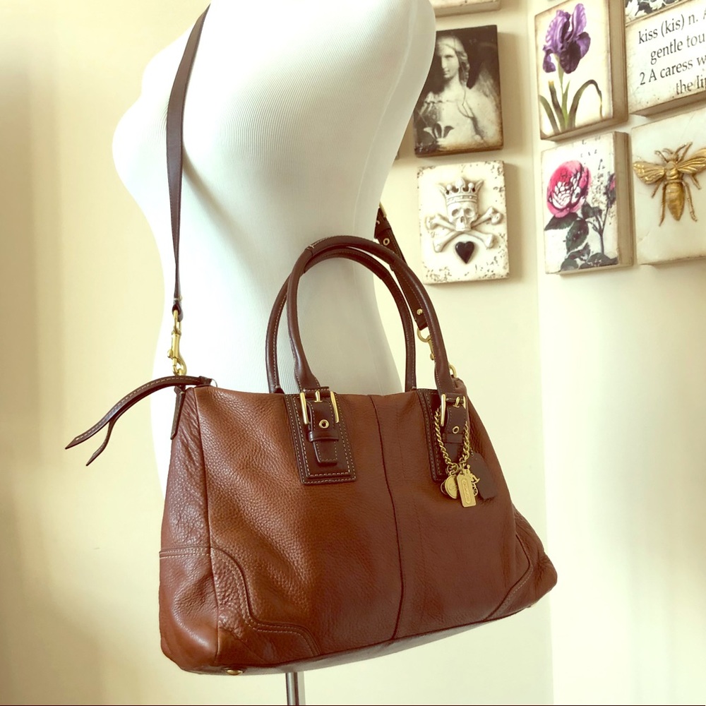 Coach tobacco brown & tan pebbled leather satchel
